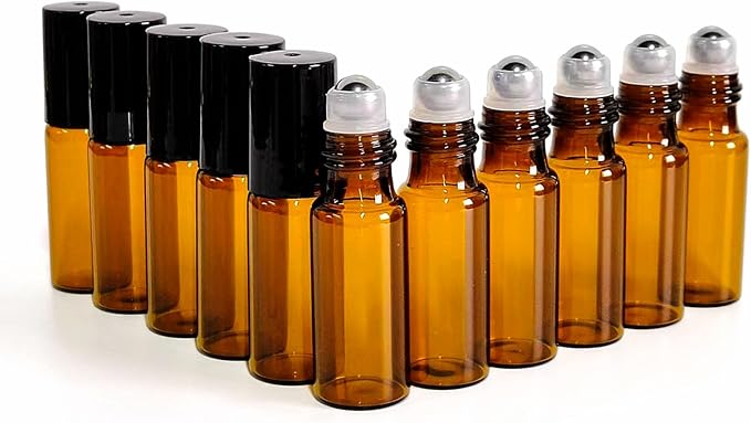 50 PCS 5ml Amber Glass Roller Bottle,Essential Oil Sample Vials with Stainless Steel Roller Ball,Black Caps,for Travel Perfume Cosmetics Small Container(2 Funnels, 2 Dropper, 1 Opener) (5ml)