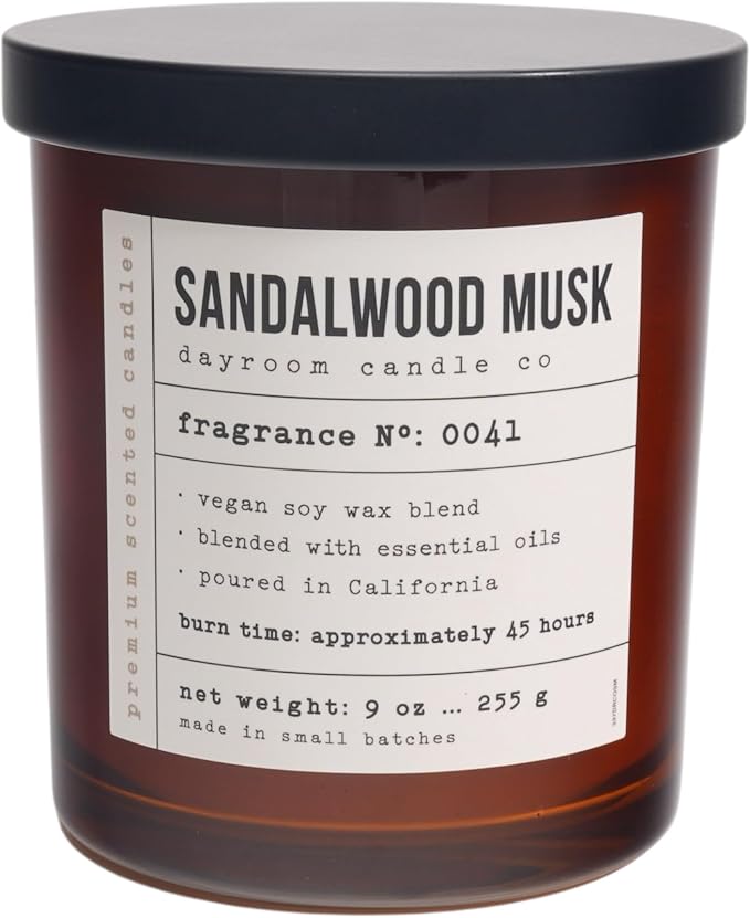 LEOBEN CO – Sandalwood & Musk Scented Candle – 9oz, Dayroom Collection Design – 50 hr Burn time – Poured in California Using Vegan Soy Wax and Essential Oils – Made in Small Batches