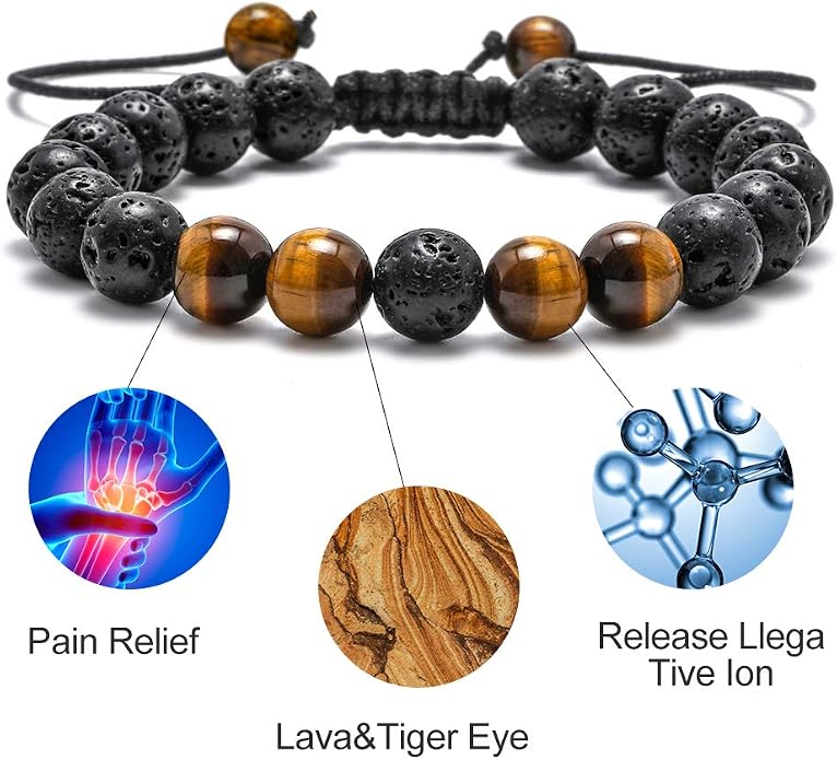 M MOOHAM Mens Bracelet - Beaded Natural Stone 8mm Tiger Eye Matte Agate Lava Rock Bracelets for Men Teen Boys Grandpa Dad Birthday Gifts Jewelry