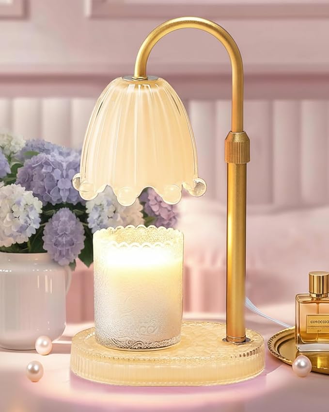 Flower Candle Warmer Lamp Glass Base with Timer & Dimmer, Mothers Day Birthday Gifts for Mom Women, Adjustable Floral Candles Warmer, Girly Wax Warmer New Home Office Decor (Yellow-Flower)