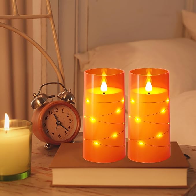 NURADA 3"x6"Flickering Flameless Candles: Built-in Star String Lights 3D Wick Battery Operated LED Pillar Candles with Remote and Timer for Halloween Thanksgiving Dinner Tables Home Fall Decor Orange