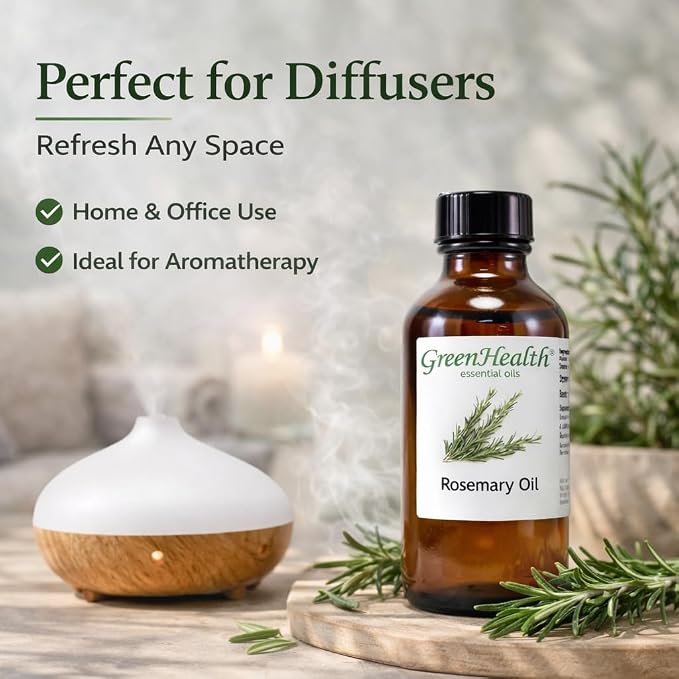 GreenHealth Rosemary Essential Oil 4 fl oz – 100% Pure & Natural – Undiluted Steam Distilled Aromatherapy Oil – Amber Glass Bottle for Diffuser, Candle Making, DIY & Home Fragrance