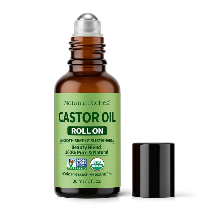 Natural Riches Organic Castor Oil Roll On - Cold Pressed, Hexane Free, 100% Pure Beauty Blend - 1 fl oz Glass Bottle with Roller Ball Applicator