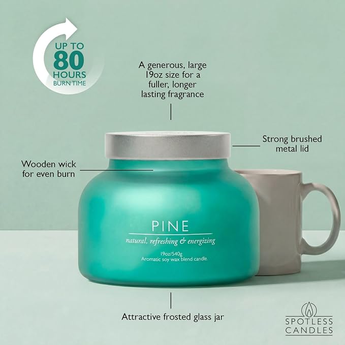 Pine Volcano Candle 19oz: 80-Hour Burn, Natural Refreshing Pine Scent, Hybrid Soy Wax, Crackling Wood Wick, Teal Matte Glass Jar, Gold Foil Gift Box by Spotless Candles