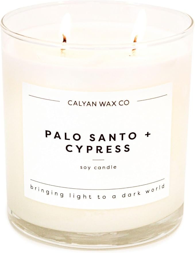 Calyan Wax Co. Palo Santo & Cypress 2 Wick Scented Candle - 37 Hour Burn - Luxury Clean Soy Wax Candles - Long Lasting Large Glass Jar Candle for Home - 8.8oz