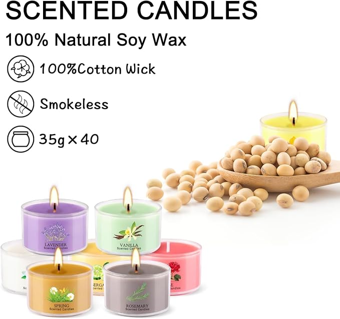 40 Pack Scented Candle Set, 10 Fragrances, 35g Natural Soy Wax Candles with Smokeless Cotton Wicks, Ideal for Home Decor, Yoga, Meditation, Spa & Gifting.Mother's Day