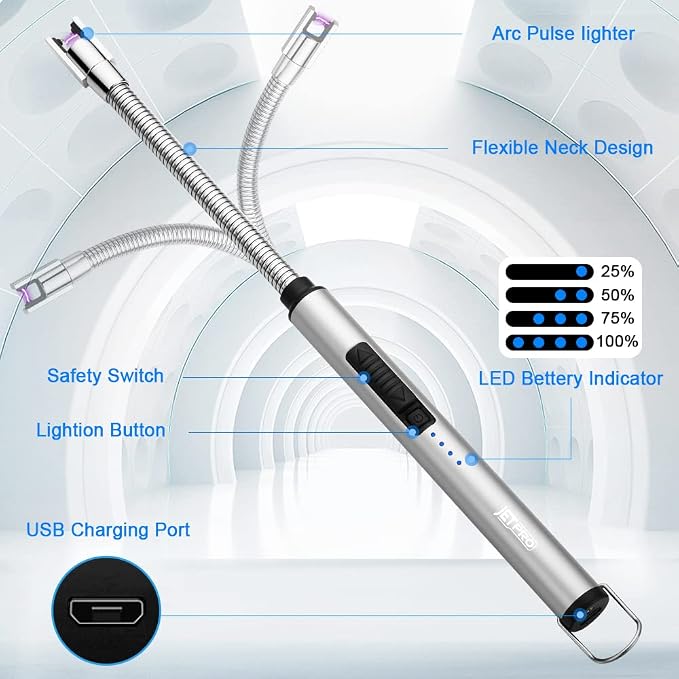 Candle Lighters USB Rechargeable Arc Electric Lighter with 360° Flexible Neck for Candle BBQ Camping (Silver)