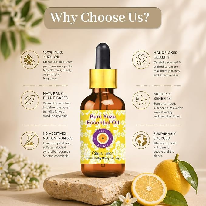 Deve Herbes Pure Yuzu Essential Oil (Citrus Junos) with Glass Dropper |Non-Sticky | Non-Greasy | Lightweight | Men & Women | All Skin Types | Steam Distilled 10ml (0.33 oz)