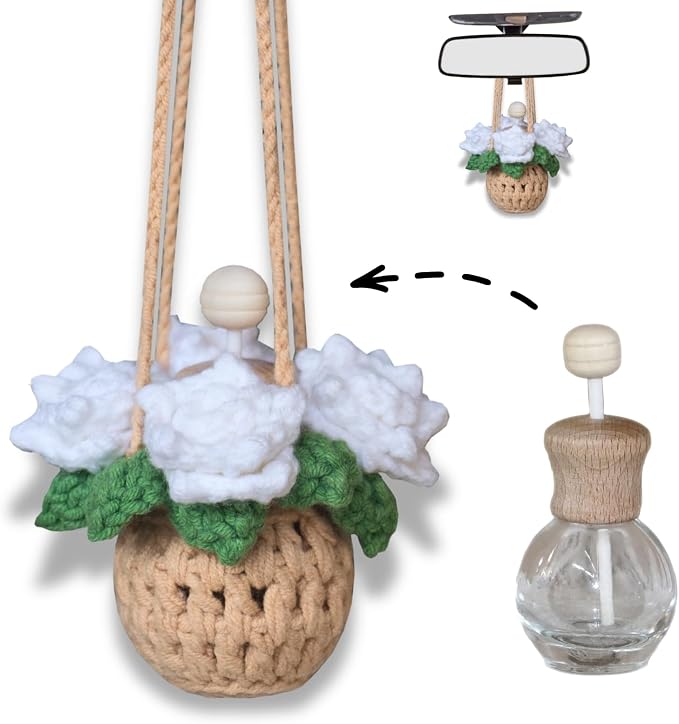 ROFIGL Handmade Crochet Hanging Car Air Freshener - Pure Elegant White Rose Design, 12ml Refillable Thick Glass Bottle, Car Diffuser for Rearview Mirror, Home & Office Minimalist Decor