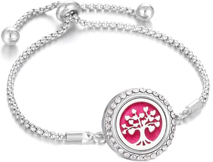 Stainless Steel CZ Essential Oil Diffuser Bracelet Love Heart Tree of Life Aromatherapy Locket Bracelet with 10 Pcs Refill Pads for Women