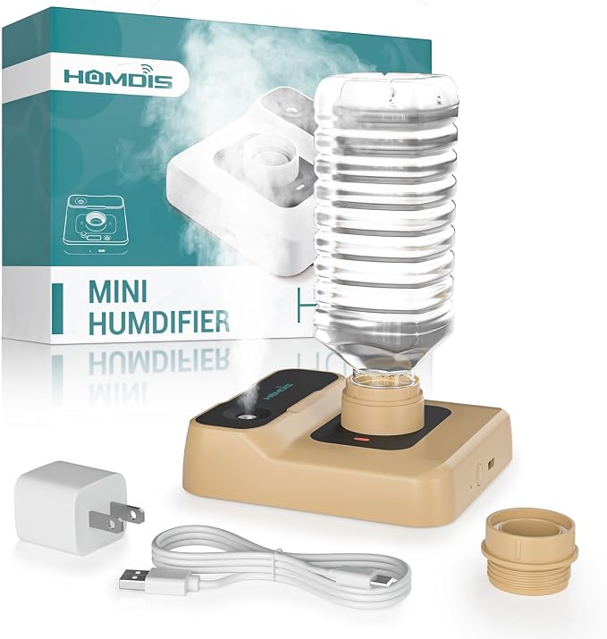 Travel Humidifier, Portable Small Humidifier for Plants, Bedroom, Office, Hotel or Car, 5000mAh Battery Operated Mini Cool Mist Humidifiers, Quiet 23dB, Auto-off, Night Light & BPA-Free, Khaki