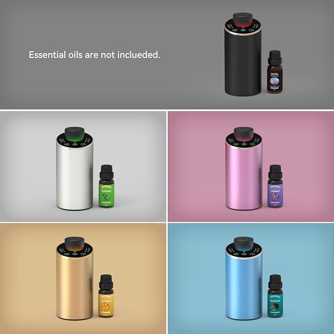 Waterless Essential Oil Diffuser Scent Aromatherapy Diffusers for Home, Car, Aluminum Alloy Battery Operated Cordless Air Freshener, 4 Timers & 3 Mist Levels, 5/10/20ml Capacity (Gold)