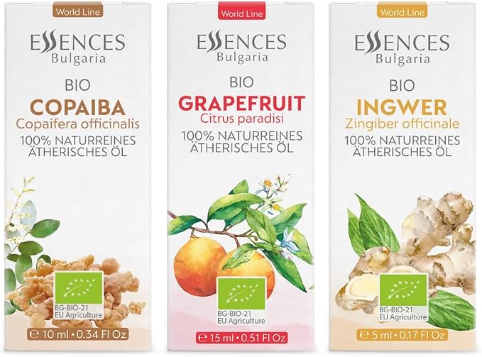 Set Fresh Harmony Organic Essential Oils |1 Fl Oz | Grapefruit (15ml) + Ginger (5ml) + Copaiba (10ml) | 100% Pure and Natural | Undiluted | Non-GMO | 3 pcs