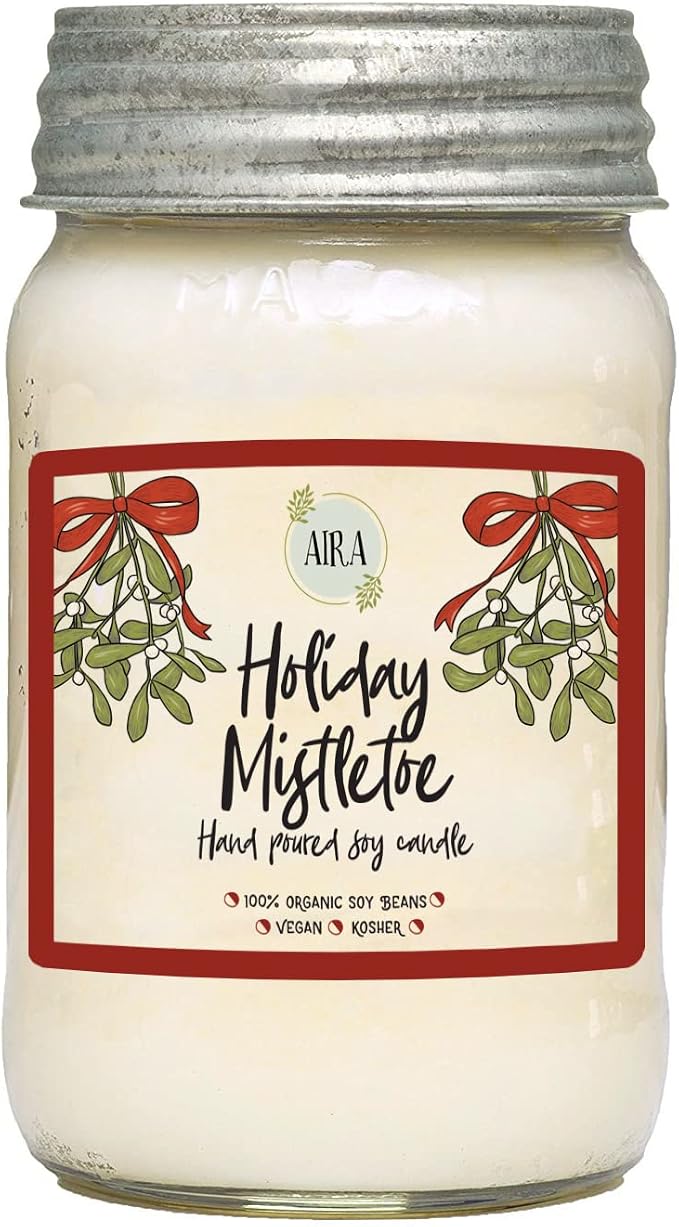 Aira Soy Candles - Organic, Kosher, Vegan, in Mason Jar w/Therapeutic Essential Oils - Hand-Poured 100% Soy Candle Wax - Paraffin Free, Burns 110+ Hours - Holiday Mistletoe Christmas Candle - 16 Oz
