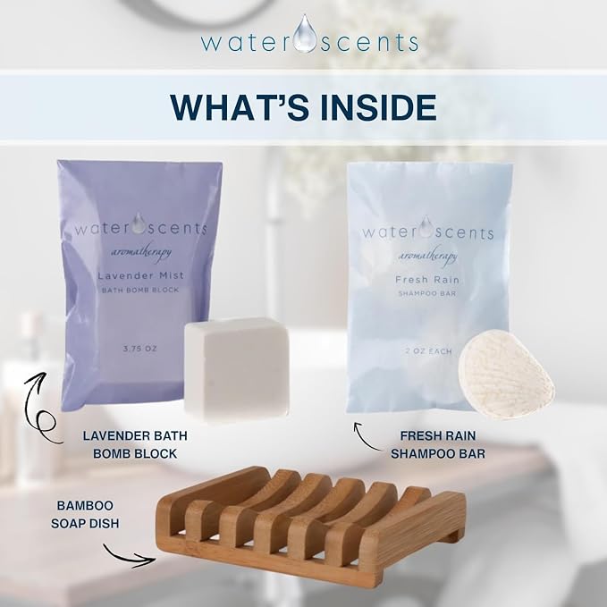 Water Scents Spa Gift Set Bundle for Women – Bamboo Bath Tray, Lavender Bath Block & Body Wash Bar – Relaxing Gift for Her, Self Care Set, Birthday Present, Bath Essentials for Home Use