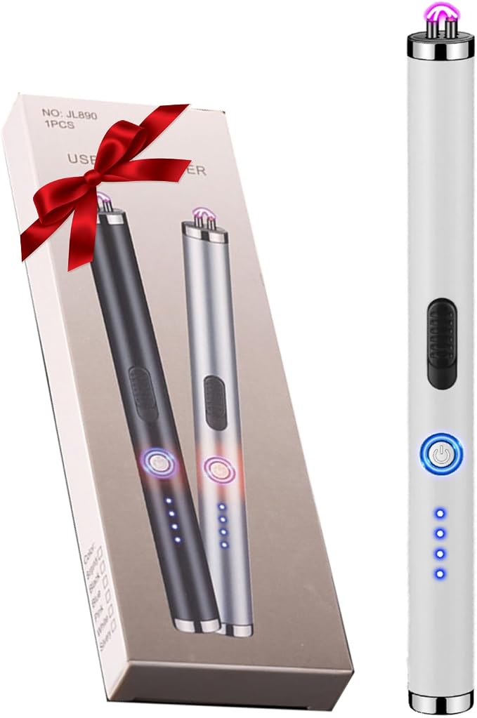 Electric Lighter Rechargeable Plasma Flameless USB Lighter with Safety Lock Dual Arc LED Display for Candle Grill Kitchen Camping (White)