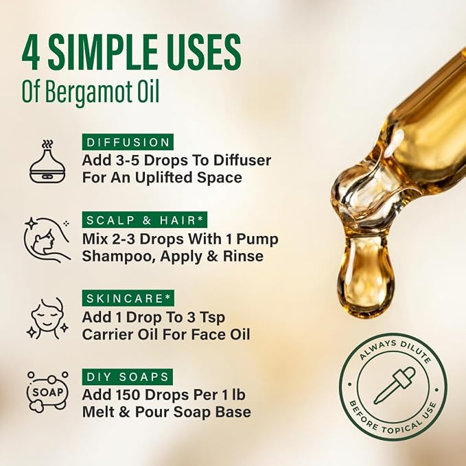 100% Pure Bergamot Oil - 4 Fl Oz Bergamot Essential Oil for Hair, Skin, Diffuser, Aromatherapy & DIY Soap Making Scent