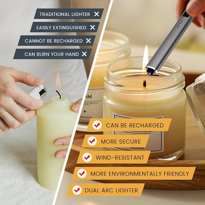 Windproof Flameless Long Candle Lighter with Dual Arc, USB Rechargeable Lighter for Candles, Grill and Fireworks