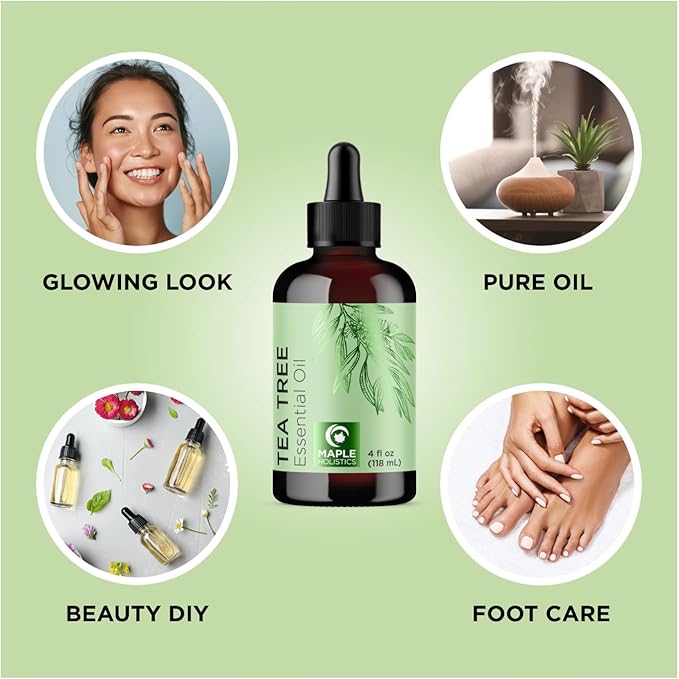 Pure Tea Tree Oil for Hair Skin and Nails - 100% Pure Undiluted Tea Tree Essential Oil with Dropper for Topical Uses Aromatherapy Diffusing and Home and Beauty DIYs - Vegan and Cruelty Free (4 Fl Oz)