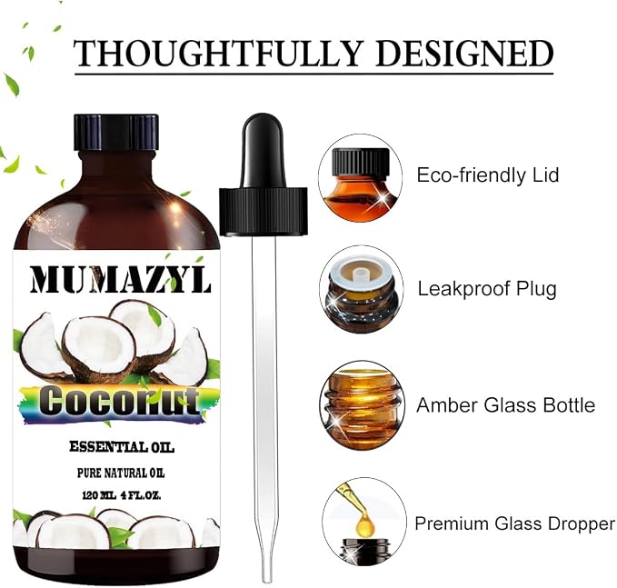 Coconut Essential Oil, Coconut Oil 4 Fl Oz 120ML for Diffuser Humidifier Yoga Cleaning DIY Candle Soap Making MUMAZYL Essential Oils