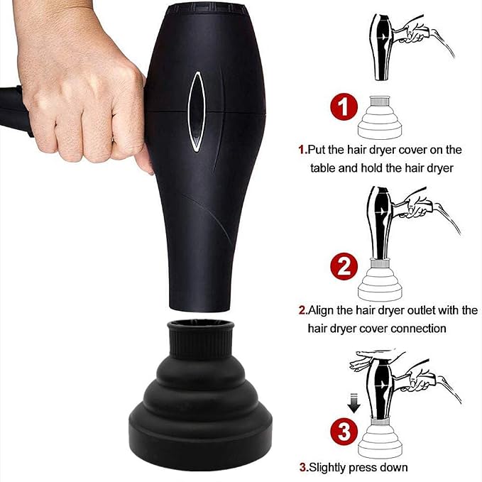 Hair Diffuser Attachment for Hair Dryer Travel Collapsible Portable Diffuser for Curly Hair Women .Airflow Attachment for Salon or Home Use with Nozzle 1.65-1.9In (Black)