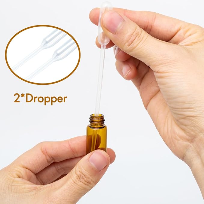 3ml Roller Bottles 24Pack Amber Thick Glass Essential Oil Bottles with Stainless Steel Roller Ball and 2 Droppers