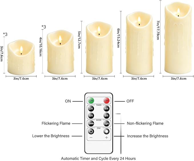 Nimiko Flameless Candles with Remote, Battery Operated Flickering Flameless Candles, LED Candles with Timer 2/4/6/8H, Realistic Drop Wax flameless Candle Set of 9 (D3 x H 3" 4" 5" 6" 7") (Ivory)