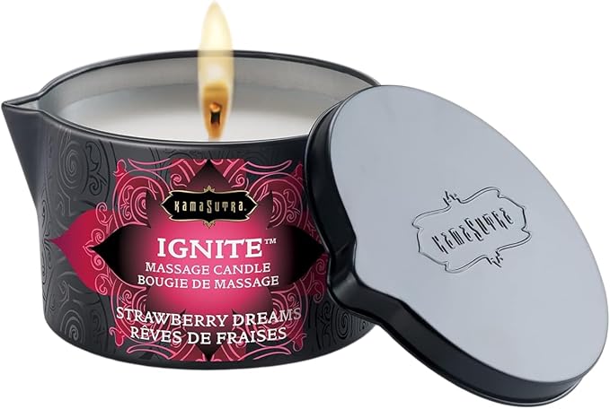 KAMA SUTRA Ignite Massage Candle - Coconut Oil and Soy Based - Strawberry Dreams Scented, 6 oz Candle Melts into a Warm Massage Oil, Couples Massage, Pour Spout Massage Candle