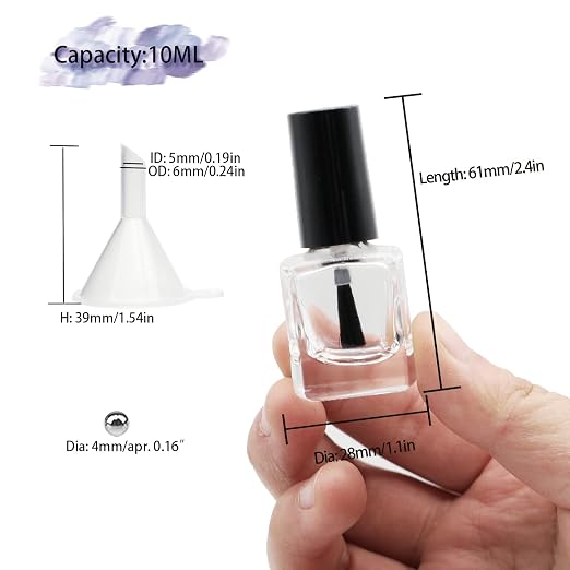 6PCS Empty Nail Polish Bottles with Funnel, Empty Fingernail Polish Bottles Glass Rectangle with Brush & Mixing Balls Black (10ML)