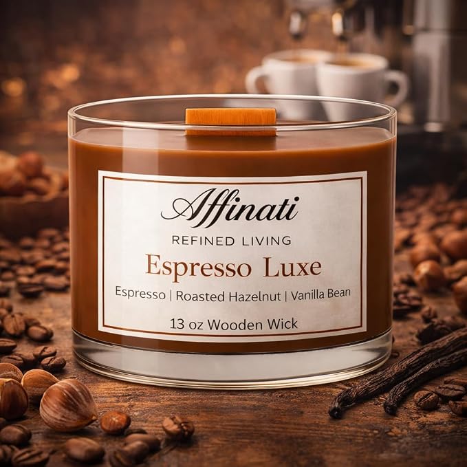 Affinati Espresso Luxe Wooden Wick Candle – Premium Wooden Bowl, 13 oz
