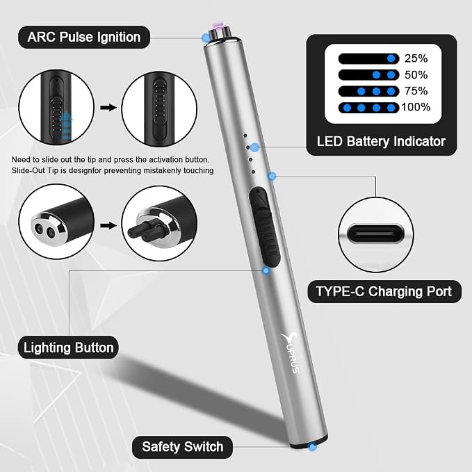 SUPRUS Electric Arc Windproof Flameless USB Rechargeable Lighter with Safety Lock for Candle (Silver)