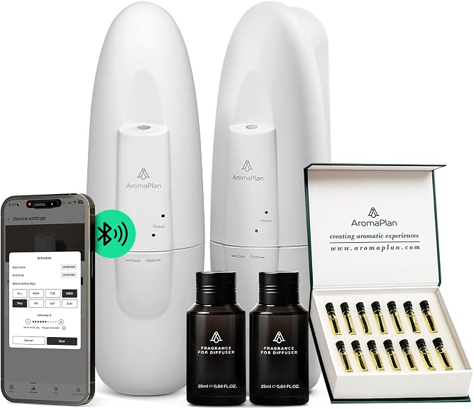 AromaPlan 5 Star Collection Plug in Diffuser (Fragrance+Sample Set Included)-Cold Air & Waterless Diffusers for Home & Office- Silent Wall Diffuser Plug in,Bluetooth App Control, 500 sq.ft -2 Devices