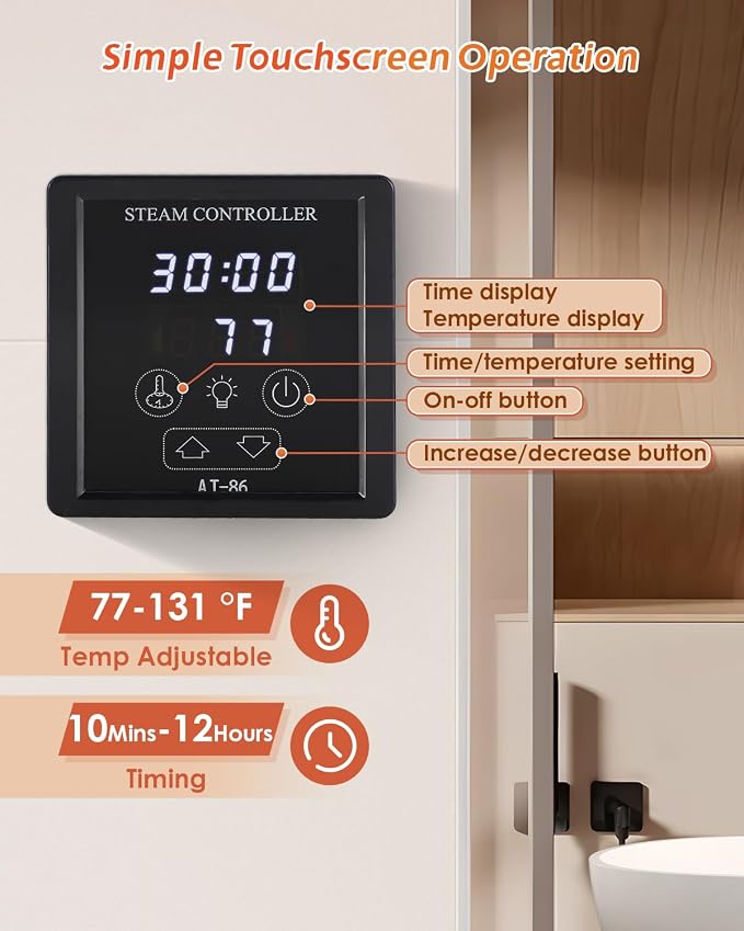Steam Shower Generator Kit 18KW for Bath Sauna SPA, Aromatherapy Steam Head, Self-draining System, LED Touchscreen Controller, 12-Hour Timer 77-131℉ for Commercial Home Use