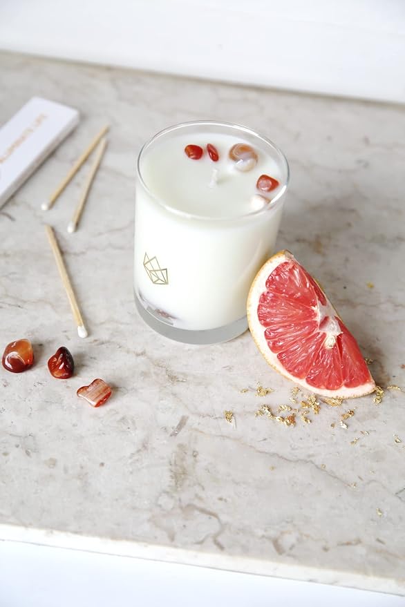Luxury Glass Jar Candle, 14.5 OZ, Energy - Red Carnelian Healing Crystal Infused - Scents of Lemon, Grapefruit, & Bergamot - Passion, Confidence, & Vitality - Coconut Wax, Essential Oil