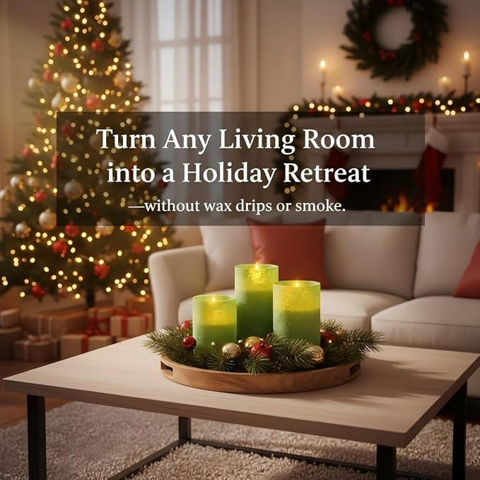 ANGELLOONG Green Flameless Candles with Remote, Glass Battery Operated LED Pillar Candles Flickering for St. Patrick's Day Christmas Home Decor, Set of 3