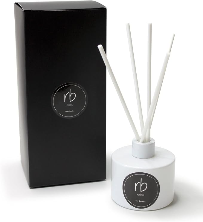 rosbas Pomegranate Cider Reed Diffuser Set - White Glass Bottle - 6 fl oz with Elegant Gift Box - High Performance Fiber Reeds - Handcrafted in USA