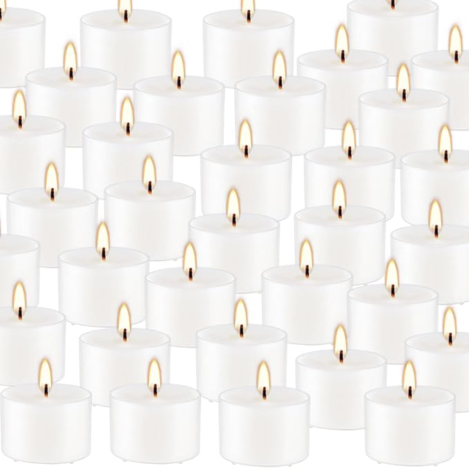 Set of 50 White Scented Tealight Candles Bulk, Vanilla Fragrance Wax with Clear Container, for Restaurant Dinner Weddings Baby Showers, Long Burning, 8 Hours