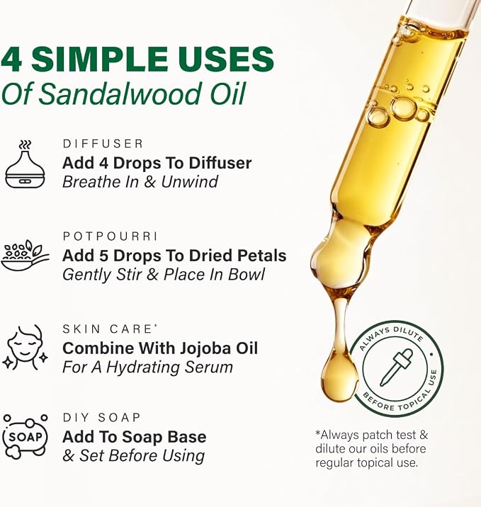 100% Pure Sandalwood Oil - 4 Fl Oz Sandalwood Essential Oil for Hair, Skin, Diffuser, Aromatherapy & DIY Soap Making Scent