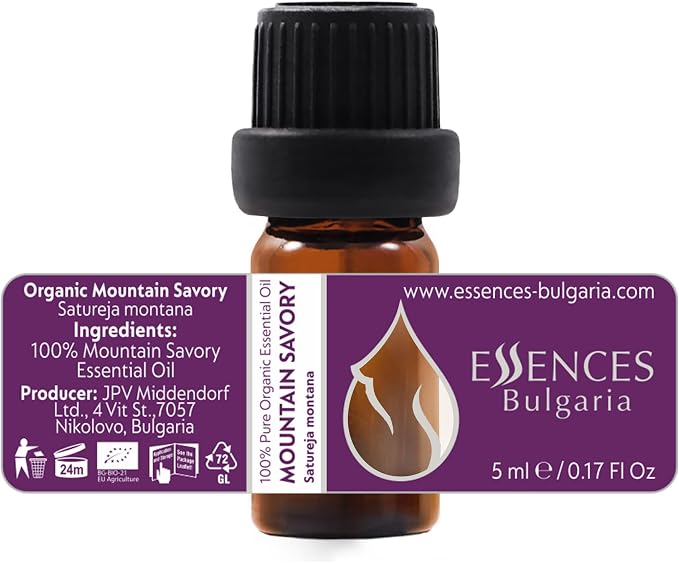Essences Bulgaria Organic Mountain Savory Essential Oil 1/6 Fl Oz | 5ml | Satureja Montana | 100% Pure and Natural | Undiluted | Therapeutic Grade | Family Owned Farm | Steam-Distilled | Non-GMO