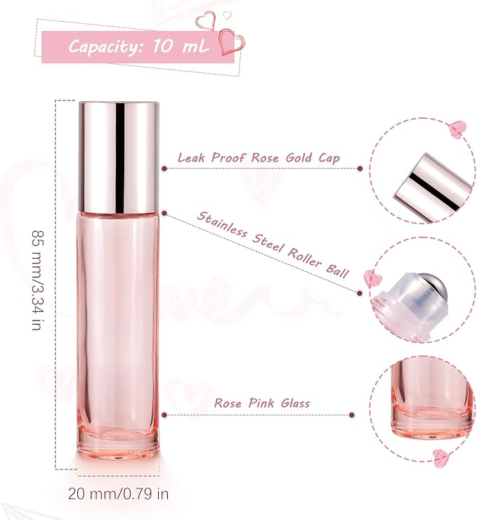 10 Pack 10mL Essential Oil Roller Bottles Empty Glass Roll On Bottles Rose Pink with Stainless Steel Ball Applicator for Perfume Refillable Leak Proof Travel Portable DIY Craft Eye Care Sample