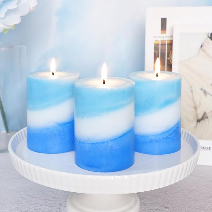 Crystal Club Ocean Scented Pillar Candles Set of 3, 3x4 Inch Blue Coastal Candles, Long Burning 40+ Hours, Smokeless & Dripless, Beach Home Decor for Living Room Bathroom Gift