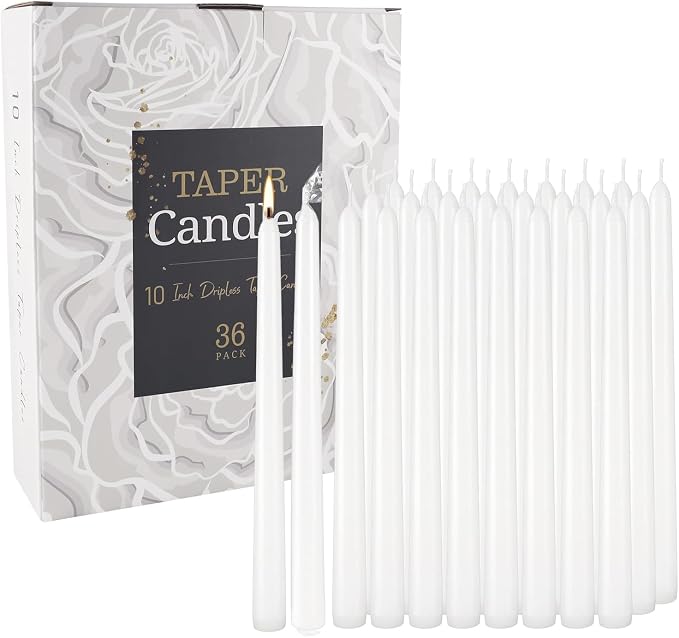 YOROXRG 36 Pack White Taper Candles, 7-8 Hours Burn Time, Unscented, Smokeless and Dripless, 0.8 x 10 Inch Dinner Candle Set for Household, Wedding, Party and Home Décor Candlesticks