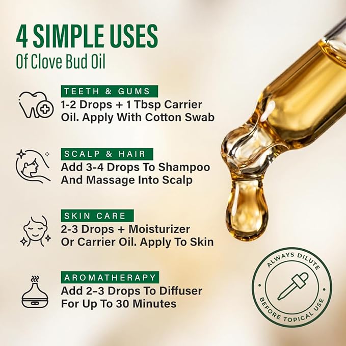 100% Pure Clove Oil - 4 Fl Oz Clove Essential Oil for Hair, Skin, Diffuser, Aromatherapy & DIY Soap Making Scent