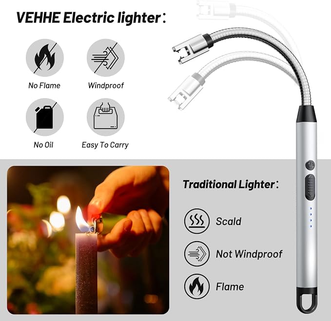 VEHHE Electric Candle Lighter, Plasma Arc Windproof BBQ Lighters with Touch Lock, Electric Lighter USB C Rechargeable with 360° Flexible Neck for Fireworks Camping Festivals (Silver)