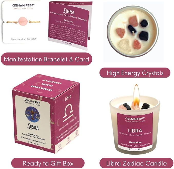 Libra Zodiac Candle with Bracelet Birthday Gifts for Libra Women Men Soy Geranium Scented Manifestation Crystal Candles Astrology Gifts Birthstone Candle