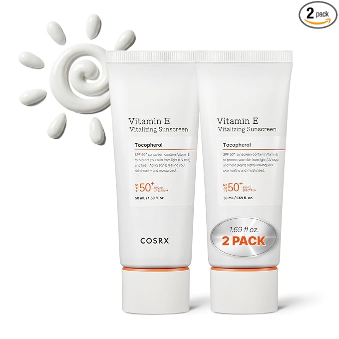 COSRX Vitamin E Sunscreen 2 Pack, Natural Glow Face Sunscreen for Oily Skin SPF 50, Lightweight, Non-Sticky, No White Cast, Beach Essentials, Summer Travel Essentials, Korean Skincare,1.69 fl oz