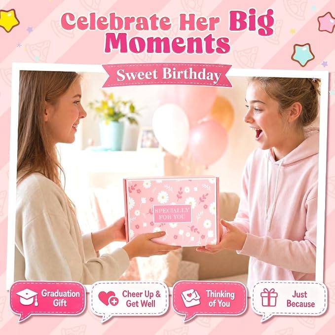 Birthday Gifts Baskets for Women, Get Well Soon Care Package for Girls | 9 PCS Sweet Pink Teen Girl Gift Trendy Stuff, Pick Me Up Gift Box, Surgery Recovery Care Package , Cheer Up Feel Better