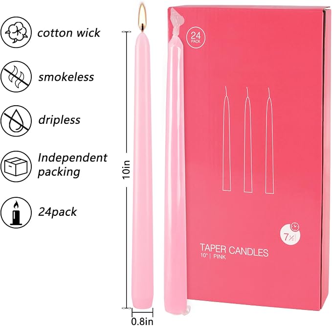Valentine's Decorations 10 Inch Pink Taper Candles Set of 24, Dripless and Unscented Candle Sticks for Dinner, Shabbat, Halloween, Christmas, Wedding, 8 Hours