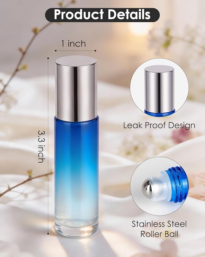 Worldgsb 4 Pack Essential Oil Roller Bottles, 10ml Refillable Glass Roller Bottles with Stainless Steel Roller Balls and Caps for Travel, Perfume and Lip Gloss Blue-Red Gradient