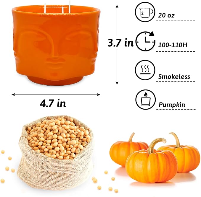 20 oz Orange Buddha Head Aromatherapy Candle, Pumpkin Scent, 3-Wick Soy Wax Candle for Relaxation and Meditation, Decorative Candle for Home Décor, Stress Relief Candle
